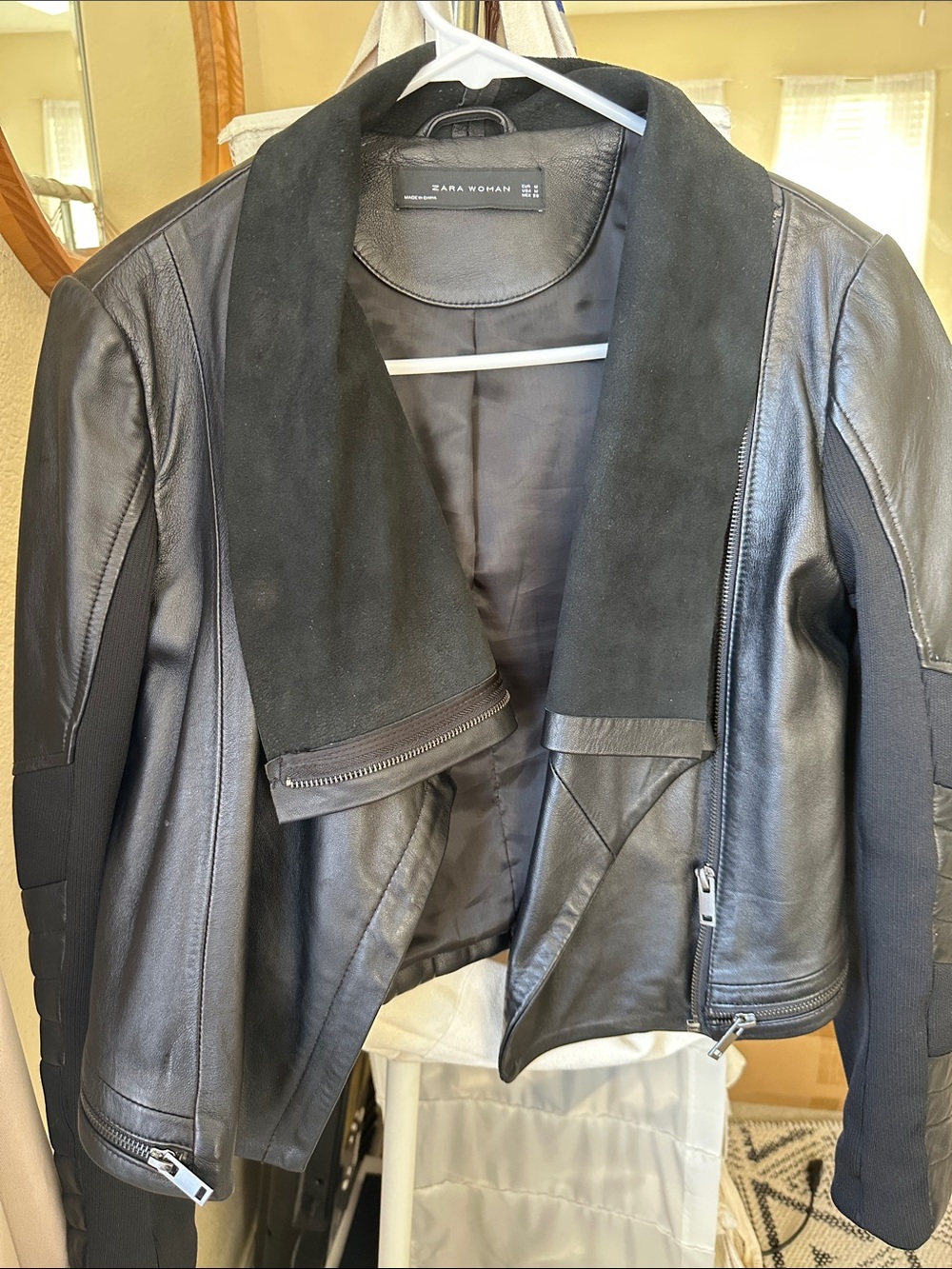 Zara Black Leather Jacket with Suede Collar